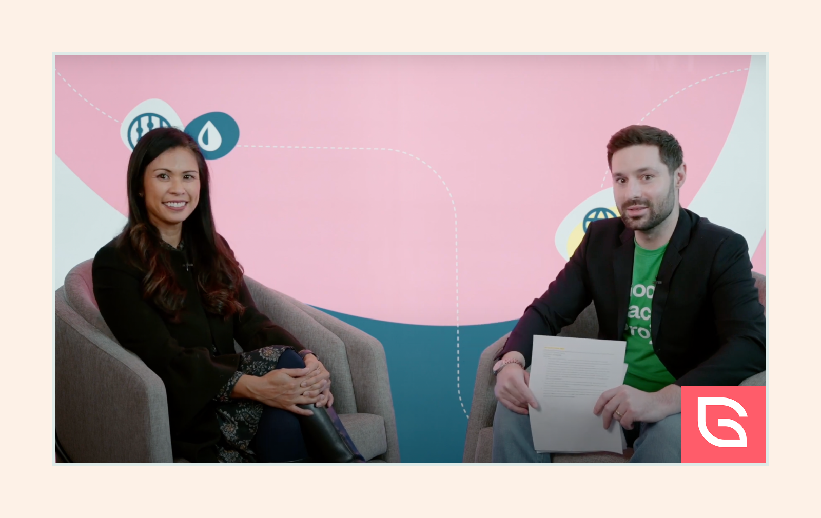 Jen Hurtikant with man sitting on couches discussing topic for livestream