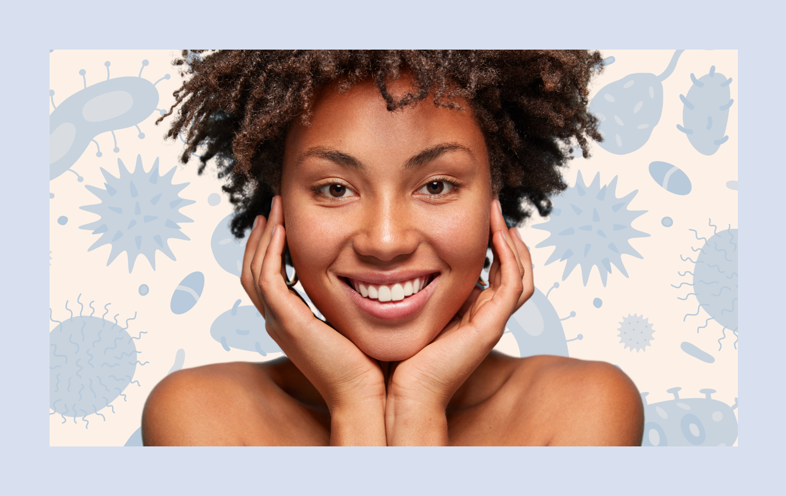 Smiling woman in front of background of illustrations of bacteria