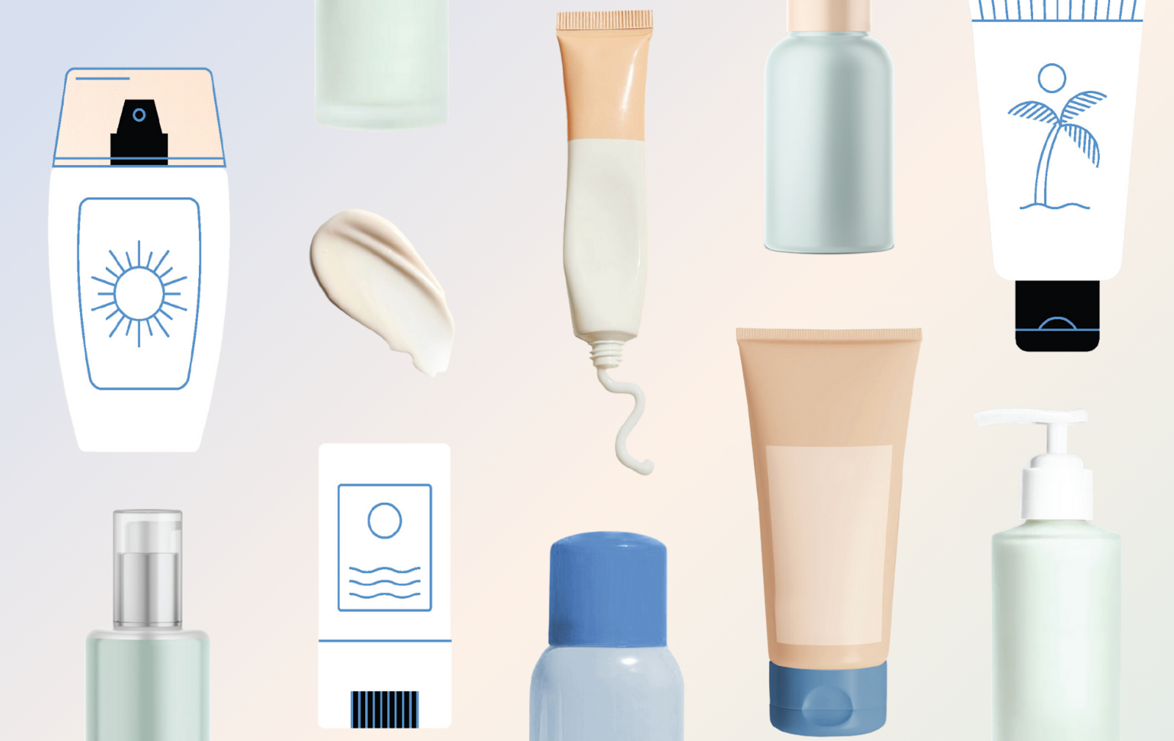 Mixture of photos and illustrations of sunscreens in various formats