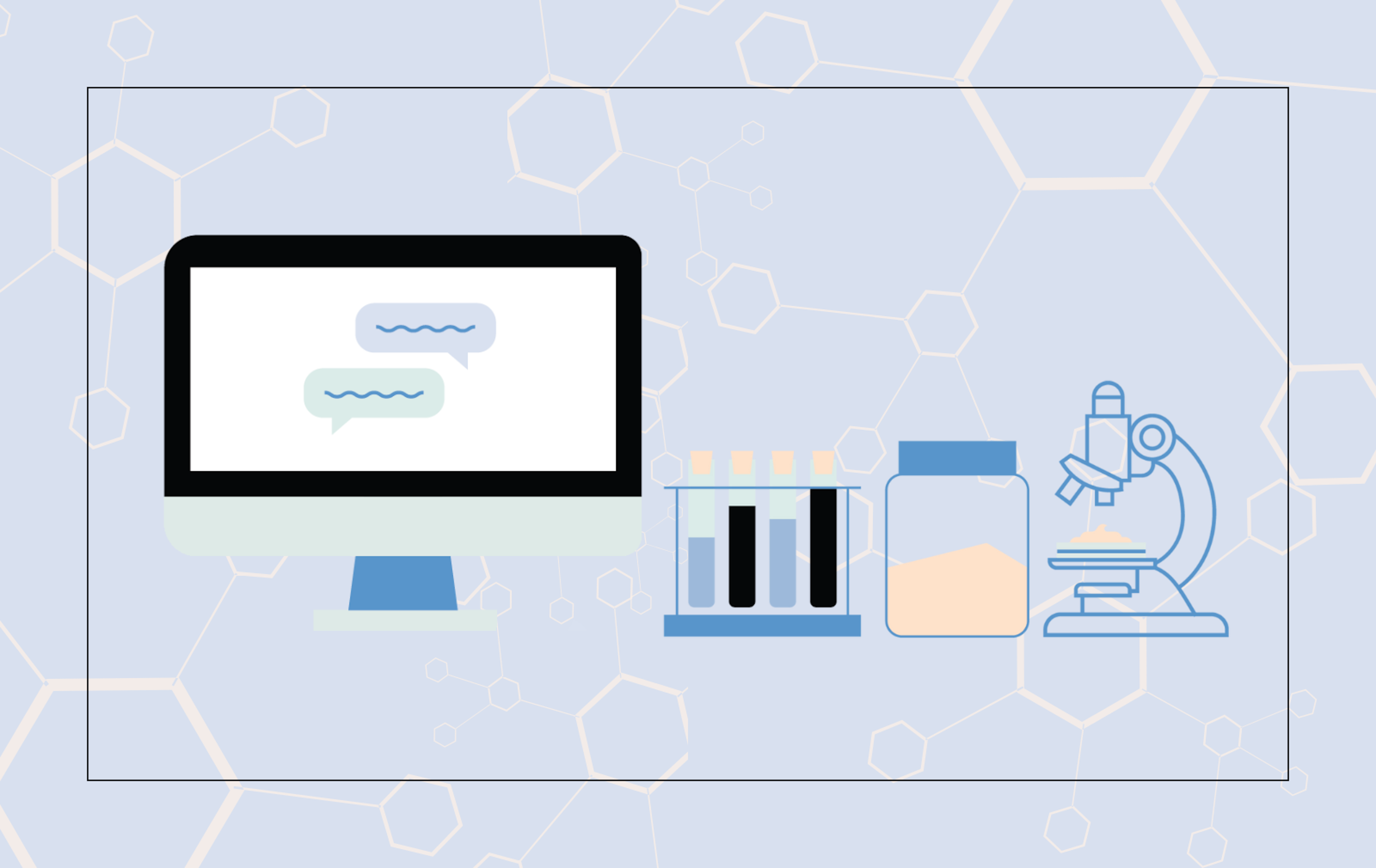 illustration of computer screen, lab materials and microscope