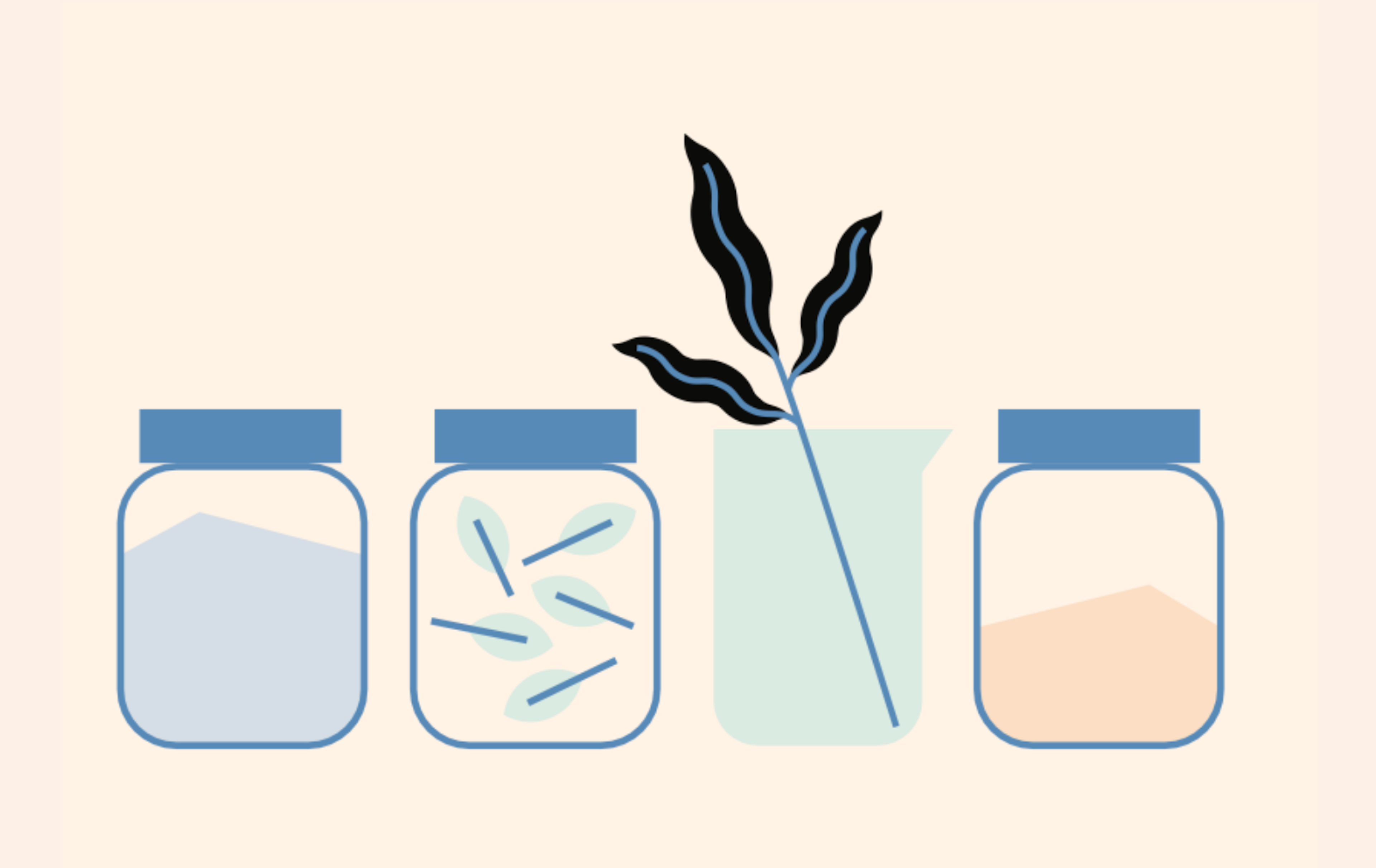 Illustration of beauty ingredients in jars and plant