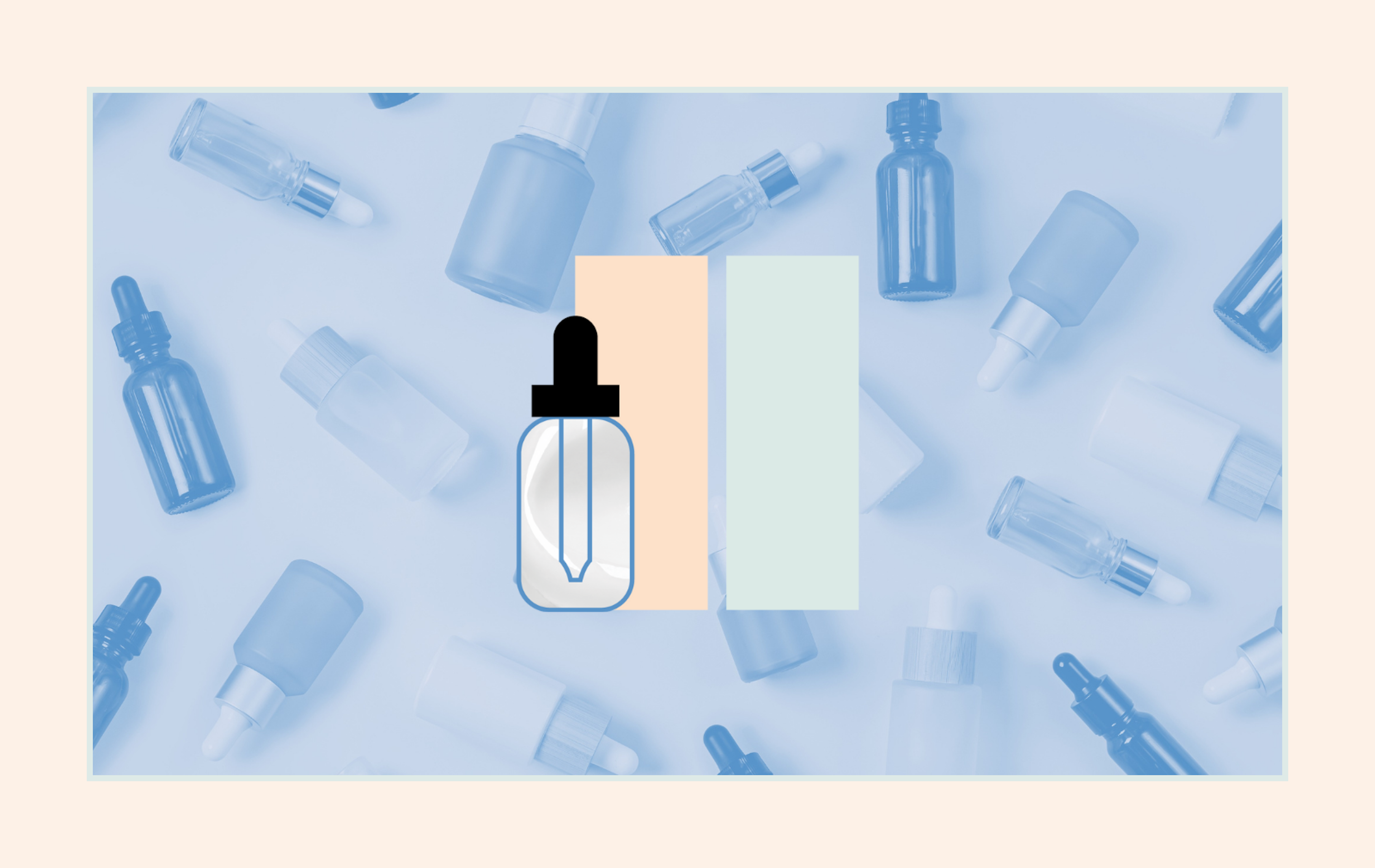illustration of serum set against a photo of many serums strewn around